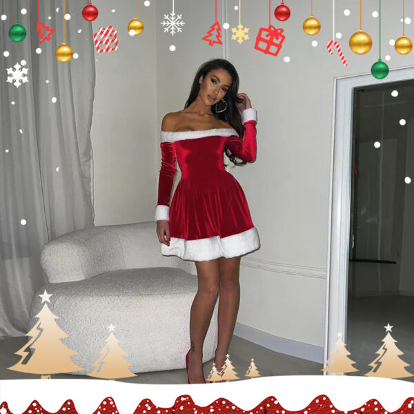 Women's Christmas Costume Santa Dress Plush Trim Boat-Neck Off-Shoulder Sleeve Dress New Year Party Cosplay Costume - Image 4