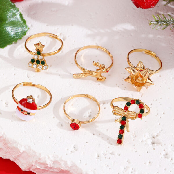 6pcs Santa Claus Christmas Tree Elk Rings Cute Cartoon Christmas Open Adjustable Ring Oil Drop Jewelry - Image 6