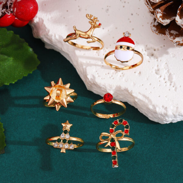 6pcs Santa Claus Christmas Tree Elk Rings Cute Cartoon Christmas Open Adjustable Ring Oil Drop Jewelry - Image 2