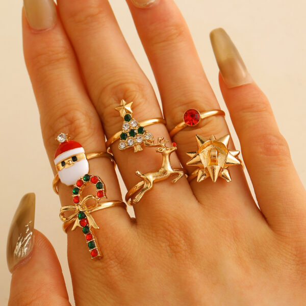 6pcs Santa Claus Christmas Tree Elk Rings Cute Cartoon Christmas Open Adjustable Ring Oil Drop Jewelry - Image 4