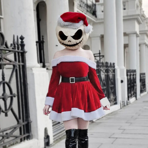 Women's Christmas Costume Santa Dress Plush Trim Boat-Neck Off-Shoulder Sleeve Dress New Year Party Cosplay Costume - Image 2